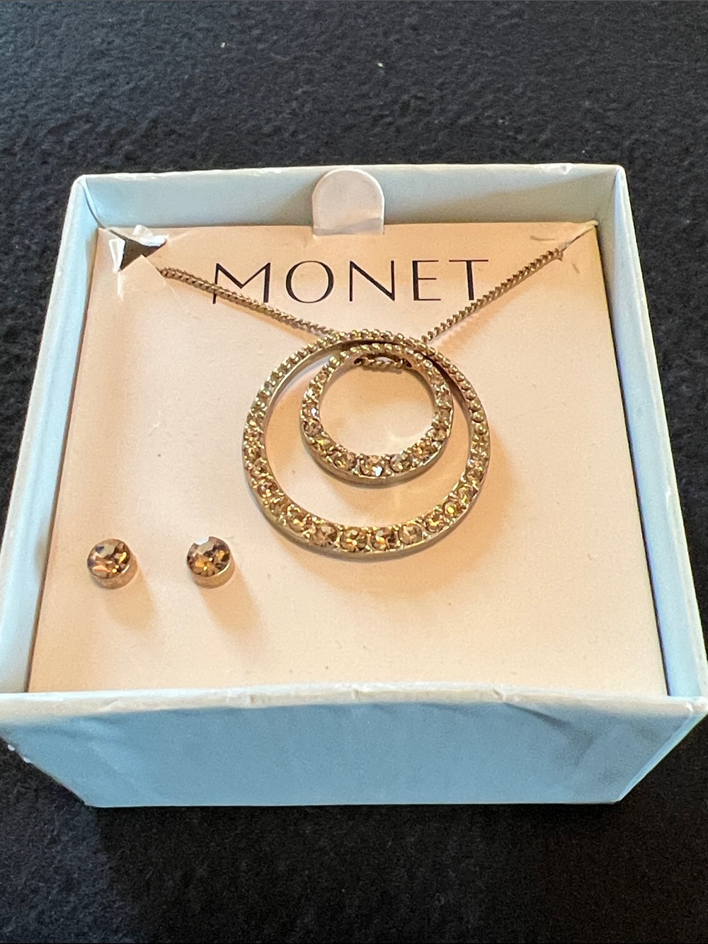 Vintage Monet Gold-Tone Double Crystal Circle Necklace with Matching Studs
